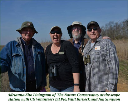 Adrianna Zito Livingston of The Nature Conservancy at the scope station with CU Volunteers Ed Pio, Walt Birbeck and Jim Simpson