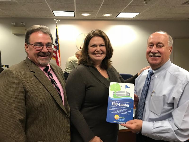 Landis Sewage Authority Gets Eco-Leader Designation from CU Program Manager, Karla Rossini. Right to left: Board Chair Carlos Villar, Karla Rossini, Ex. Director and Chief Engineer Dennis Palmer